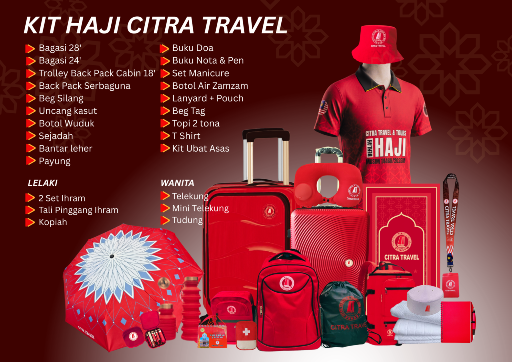 Kit hadiah Pakej Haji 2027 Citra Travel dengan bagasi, pakaian, buku panduan dan kelengkapan jemaah